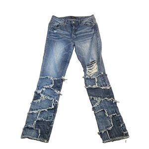 Forever 21 Frayed Patchwork Slim Fit Jeans Mens Size 32 Blue Distressed Raw Hem